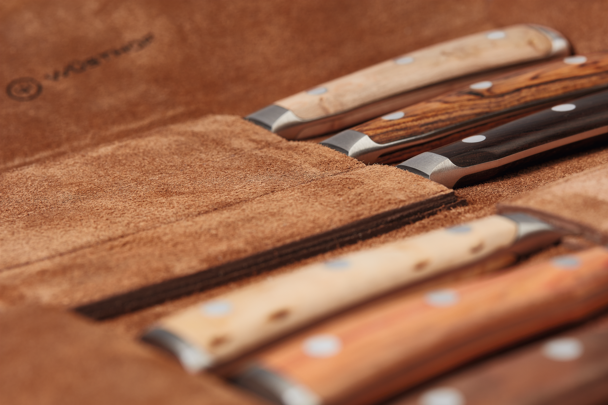 Ikon 6-Piece Mixed Wood Steak Knife Set with Leather Knife Roll