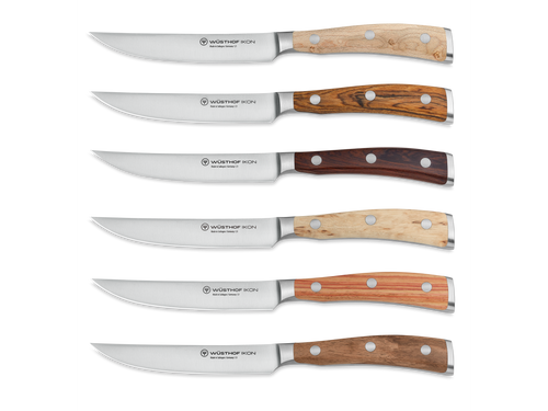 Ikon 6-Piece Mixed Wood Steak Knife Set with Leather Knife Roll